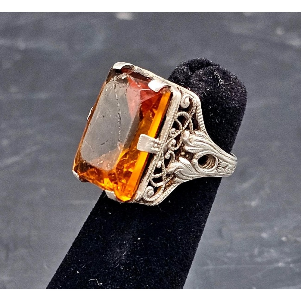Antique Art‎ Deco Large Citrine Sterling Silver Filigree Pinky Ring 7g SIZE 2.5